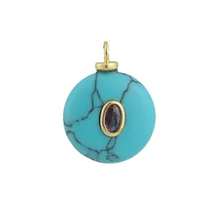Elegant round turquoise stone pendant with oval purple gemstone inlay and gold-plated bail.
