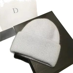 Premium rabbit fur knitted beanie in light grey for autumn and winter warmth