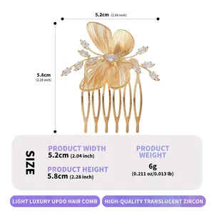 Detailed dimensions and weight specifications of the gold butterfly hair comb with zircons