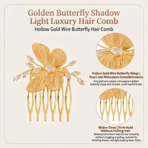 Detailed view of the intricate hollow gold wire butterfly and rhinestone accents on the hair comb.