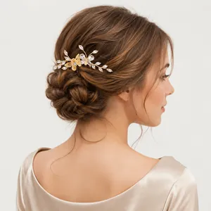 Elegant French gold butterfly floral hair comb accessory for bridal wedding hairstyles