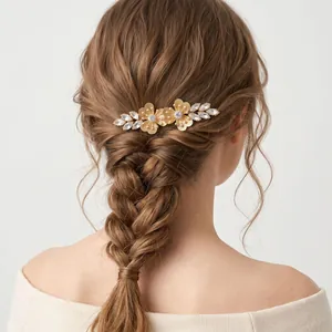 Elegant French style gold flower hair comb with sparkling crystals for bridal wedding