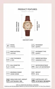 Detailed product specifications for GEDI quartz watch with leather strap and dimensions.