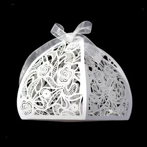 European Laser Cut Wedding Candy Box Rose Floral Hollow Gift Box With Ribbon Bow For Valentine Day Party Favors