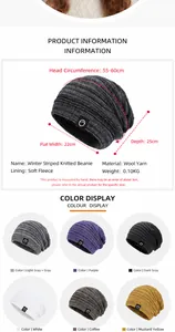 Detailed size chart and color options for winter fleece-lined knitted beanies