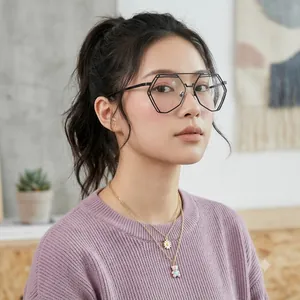 Montura de Gafas de Metal Poligonal Irregular Minimalista con Puente Doble Vintage Moda Gafas Decorativas de Lente Clara para Mujeres Hombres