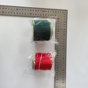 Measurement of 6cm velvet ribbon with gold wire edges in red and green colors