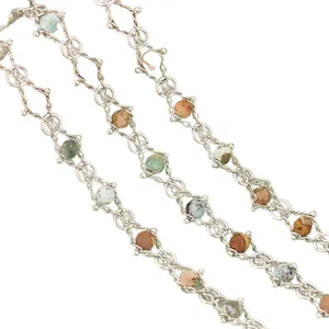Franse vintage kleurrijke natuursteen kralenketting in koper vergulde geweven stijl