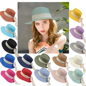 French Style Woven Straw Boater Hat For Women Elegant Flat Top Wide Brim Sun Protection Summer Beach Vacation Hat With Ribbon Bow Shell Decoration