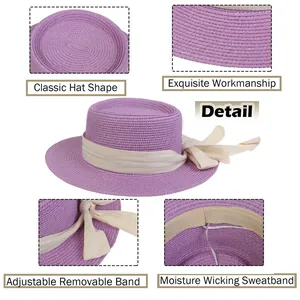 Elegant French Hepburn style lavender straw sun hat with adjustable cream ribbon band