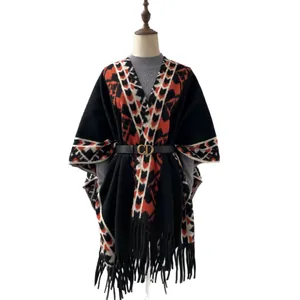 Châle poncho rétro automne hiver avec motif jacquard à franges pour femmes mode
