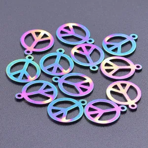 Stainless Steel Peace Sign Pendants Circular Metal Charms Electroplated For DIY Jewelry Making Accessories Silver Multicolor