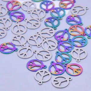 Various stainless steel peace sign charms in silver and rainbow plating for jewelry making