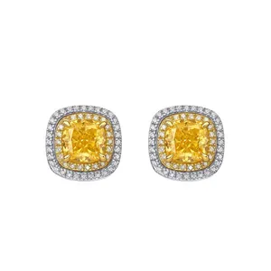 Classic cushion cut yellow diamond style halo stud earrings in premium S925 sterling silver