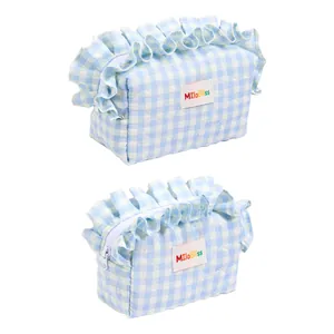 Bolsa de maquillaje a cuadros azules y blancos con volantes dulces y gran capacidad