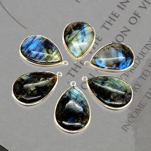 Natürlicher Labradorit Tropfen Stein Anhänger Gold Beschichtet Eingefasst Charm Für DIY Halskette Schmuckherstellung Nur Anhänger