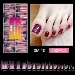 Detail view of 150pcs pink plastic nail forms with comprehensive size chart data.
