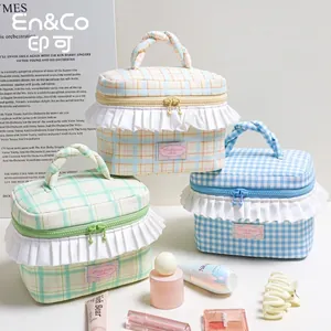 Trousse De Toilette À Carreaux Style Japonais Grande Capacité Avec Volants Poignée Voyage Organisateur Sweet Dream