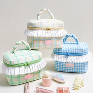 Bolsa De Cosméticos A Cuadros Estilo Japonés Gran Capacidad Con Volantes Asa De Mano Organizador De Viaje Sweet Dream