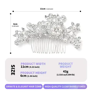 Dimensioni dettagliate e peso del pettine per capelli da sposa con perle e strass.
