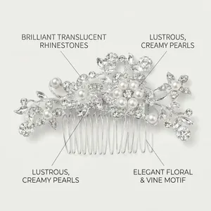 Vista dettagliata del pettine per capelli da sposa con perle, strass e motivi floreali