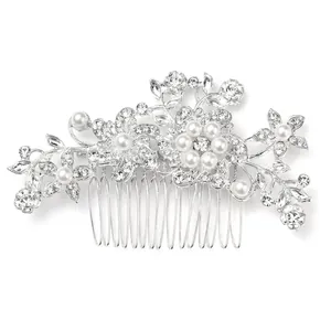 Squisito pettine per capelli da sposa con eleganti perle e strass su telaio in lega d'argento