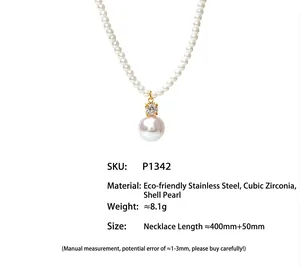 Close-up view of the elegant pearl pendant necklace with detailed specifications