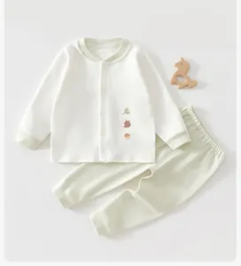Soft two-piece baby cotton pajama set featuring cute forest animal embroidery details