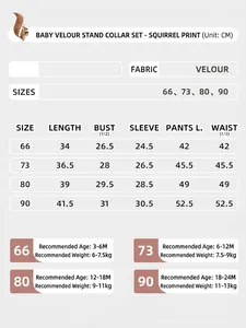 Size chart for baby boneless underwear set with squirrel print measurements in CM
