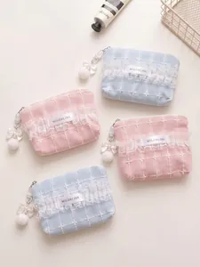 Spitze Kosmetiktasche Süße Waffelgewebe Make-Up Beutel Mit Bogen Künstliche Perlen Anhänger Tragbare Reise Münzbörse Für Frauen Mädchen