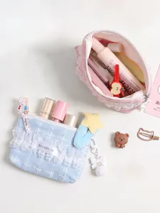 Süßes tragbares Make-up-Taschenset aus Spitze und Tweed für die Kosmetikaufbewahrung