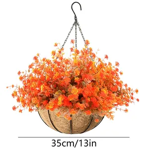 Detailed dimension view of 13 inch autumn artificial eucalyptus flower hanging basket