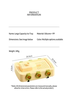 Vista macro dello stampo per ghiaccio in silicone giallo con dimensioni e materiali