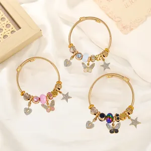 Stainless Steel Beaded Charm Bangle Bracelet For Women Rhinestone Butterfly Star Heart Pendant Gold Plated Fashion Jewelry Gift