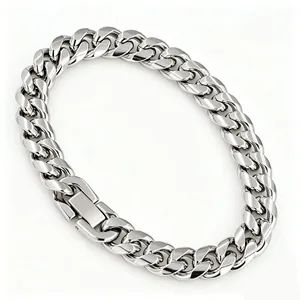 Macro view of a thick silver titanium steel Cuban link chain with high-polish finish