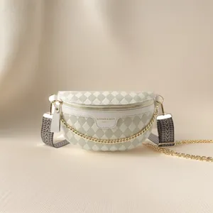 Women Fashion Diamond Lattice Chest Bag Oxford Cloth Crossbody Waist Bag With Metal Chain And Wide Strap Casual Bag