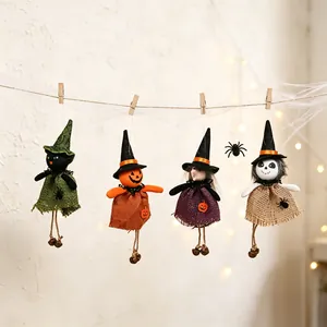 Set of four handmade burlap Halloween hanging ornaments featuring witch and pumpkin.