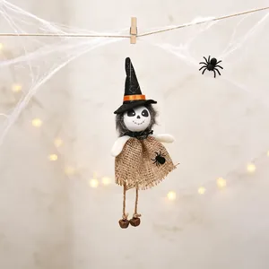 Halloween elf doll pendant hanging on rope with spooky spider web background decoration