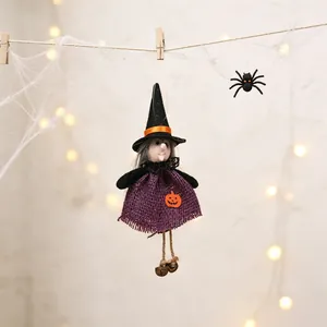 Halloween witch ornament with purple burlap dress and pumpkin detail hanging decor