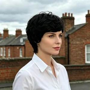 Close-up detail of a natural short black curly wig on a model in a white shirt.