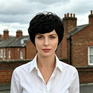 Detailed view of short black curly pixie wig with natural synthetic hair texture
