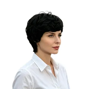 Short black curly synthetic wig for women with high-temperature silk fiber