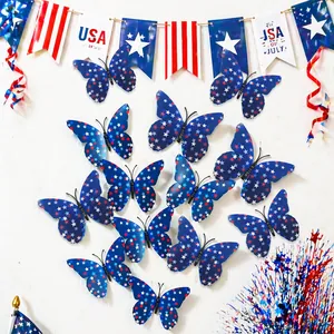 Détail de 12 autocollants muraux papillons 3D aux couleurs du drapeau américain pour le 4 juillet