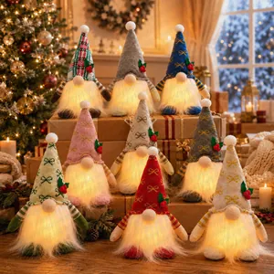 Gruppo di gnomi di Natale luminosi decorativi con cappelli colorati su scatole