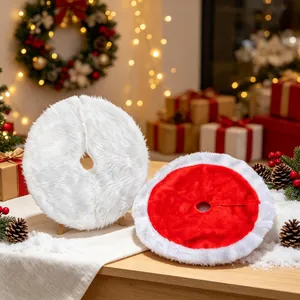 Mini faux fur Christmas tree skirts in white and red for desktop decoration