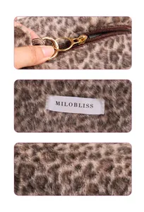 Detailed macro shots of leopard print plush fabric and golden metal zipper hardware