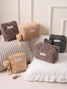 Leopard Print Plush Makeup Bag Faux Rabbit Fur Large Capacity Portable Travel Toiletry Organizer Heart Pendant Fuzzy Women