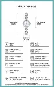 Detailed specification chart for heart-shaped rhinestone quartz bracelet watch