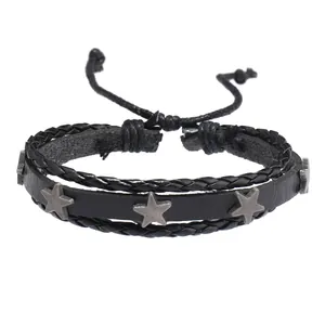 Pulsera de cuero trenzado negro para hombre con tachuelas de estrellas plateadas vintage