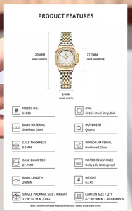 Detailed parameters of a luxury rhinestone quartz watch for women with stainless steel strap.